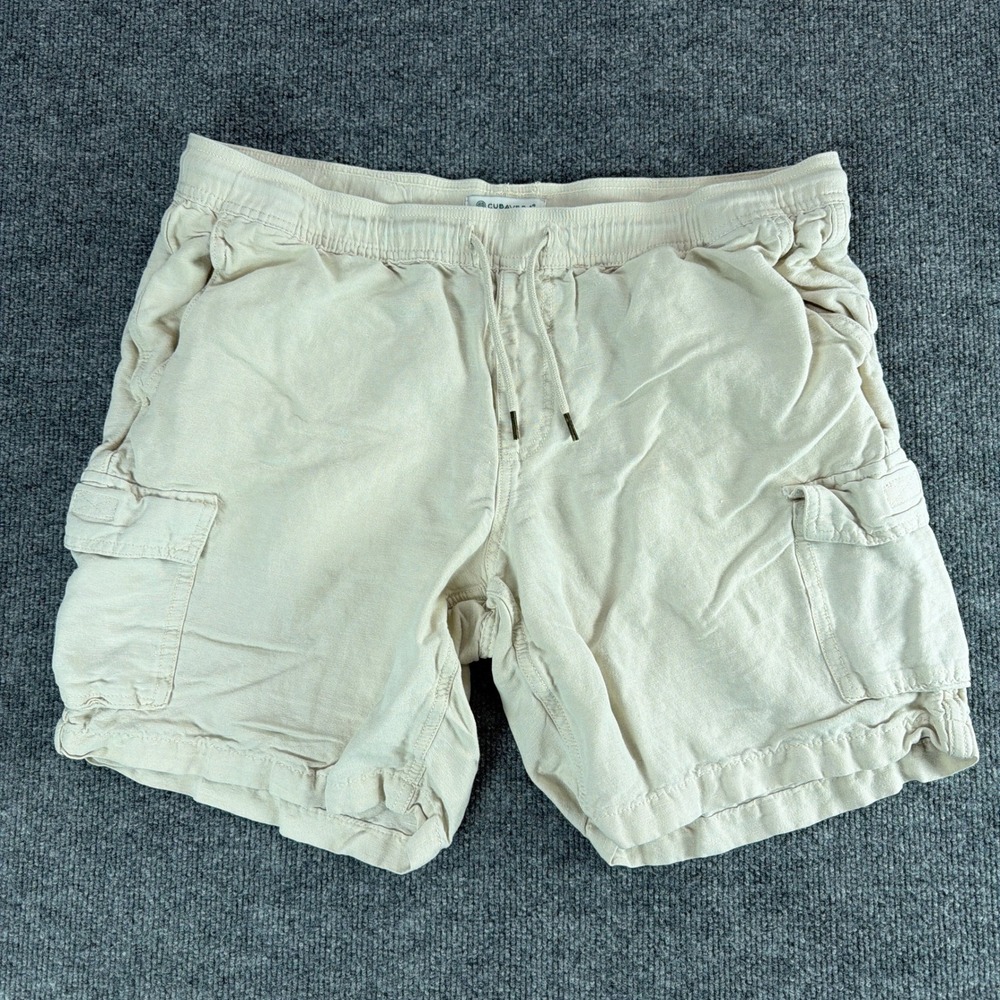 Cubavera Mens Linen Blend Cargo Shorts Beige Drawstring Waist Large Beach Summer